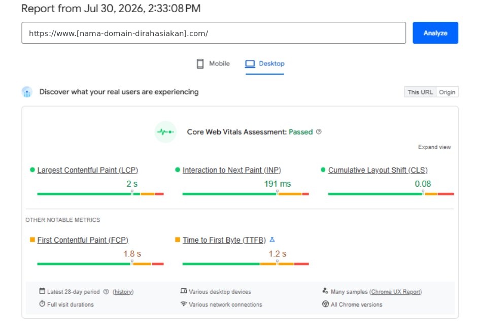 Desktop — Core Web Vitals lolos (skor 40, LCP 2s)