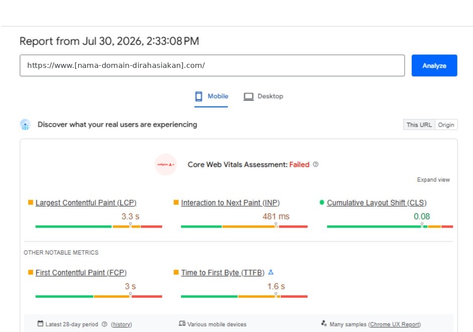 Mobile — Core Web Vitals gagal (skor 37, LCP 3.3s)