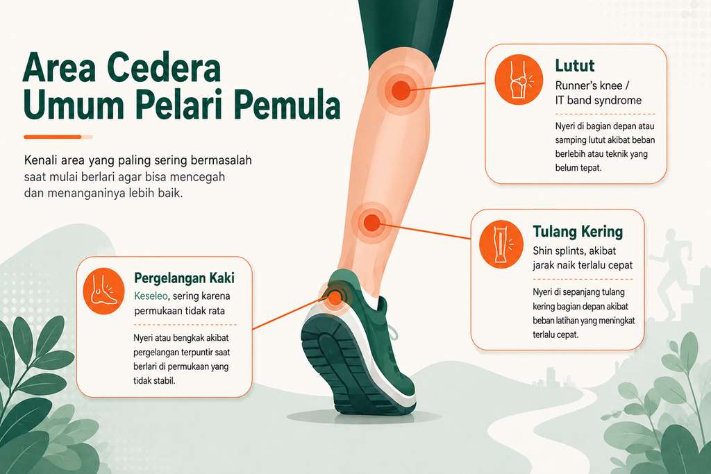 Program Latihan Lari untuk Pemula: Panduan dari Nol Infografis area cedera umum pada pelari pemula dan cara mencegahnya